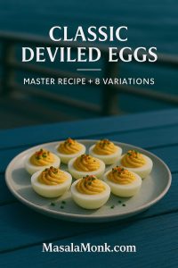 Classic deviled eggs on a ceramic plate, topped with paprika and chives, photographed on a blue table—master recipe with 8 variations by MasalaMonk.