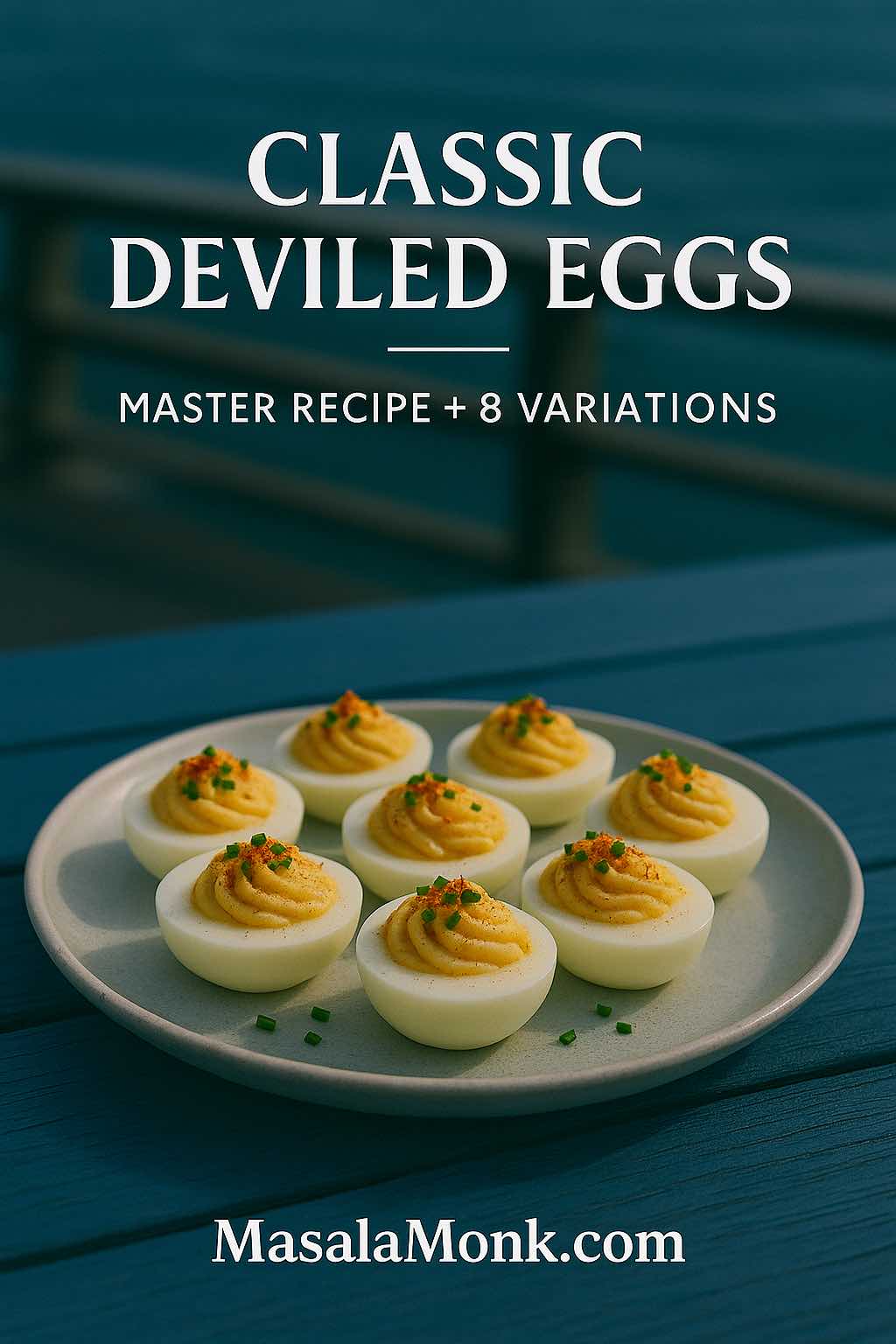 Classic deviled eggs on a ceramic plate, topped with paprika and chives, photographed on a blue table—master recipe with 8 variations by MasalaMonk.