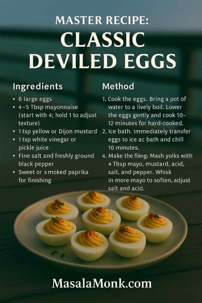 Dill Pickle & Brine deviled eggs on a wooden plate at sunset with pickle coin and dill garnish; portrait recipe card overlay showing add-ins, method, garnish, flavor, and MasalaMonk.com footer.