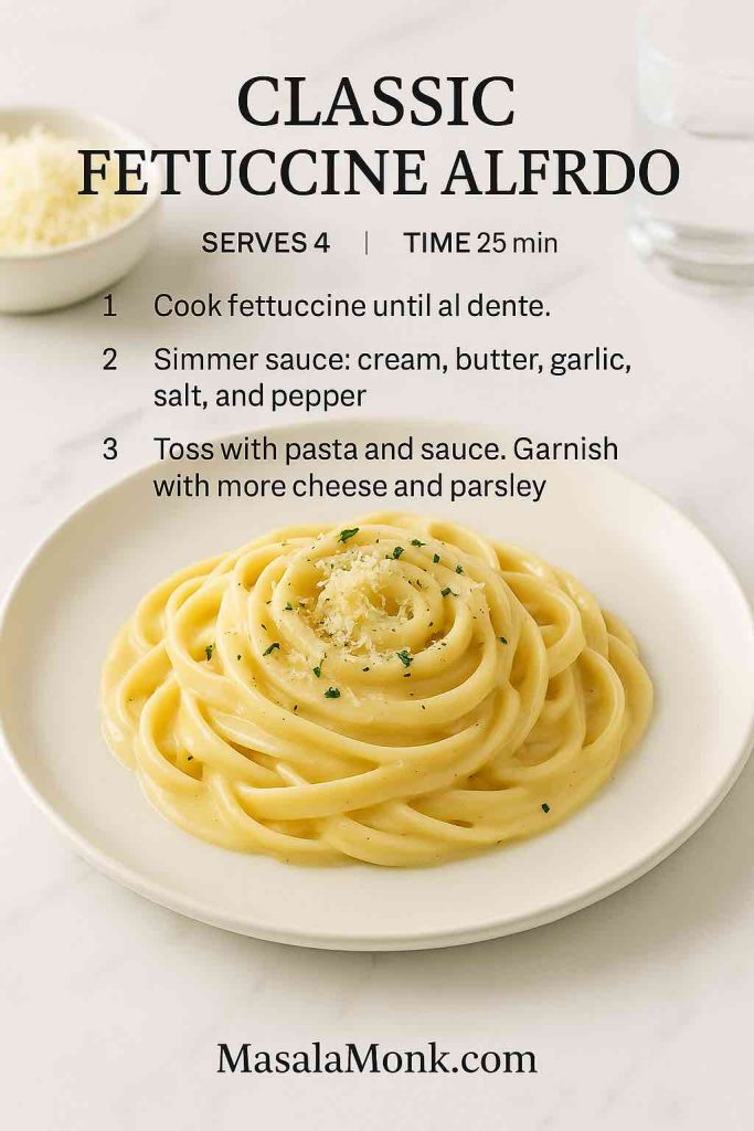 Classic fettuccine alfredo on white marble—pale-gold creamy sauce with parsley, bright brasserie light.