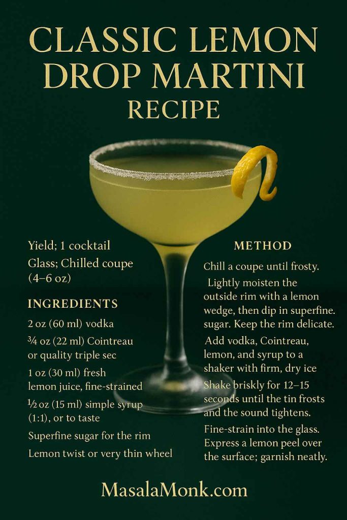 Recipe card showing a Classic Lemon Drop Martini in a coupe on deep green, with a delicate sugar rim and lemon twist; includes yield, ingredients, and method.