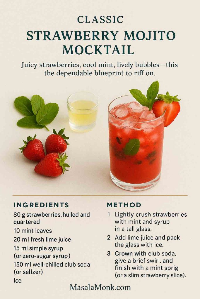 Classic strawberry mojito mocktail recipe card—strawberries, mint, lime and club soda—minimal off-white layout with MasalaMonk footer