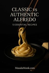 Classic vs authentic Alfredo: glossy fettuccine lifted from a black plate, showing the silky emulsion of butter, Parmigiano, and pasta water.