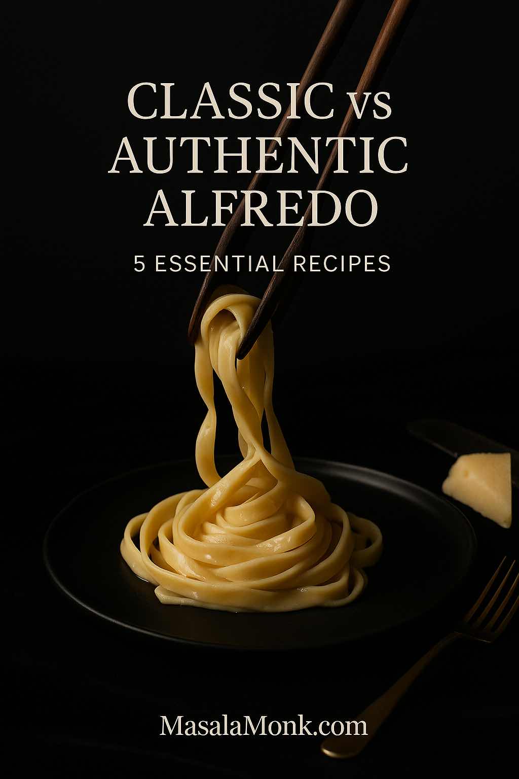 Classic vs authentic Alfredo: glossy fettuccine lifted from a black plate, showing the silky emulsion of butter, Parmigiano, and pasta water.