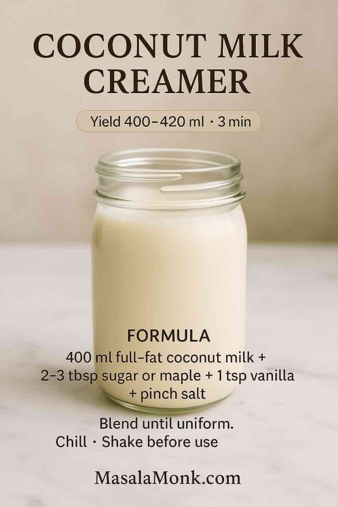 Coconut milk coffee creamer in a glass jar on marble—full-fat coconut milk with sugar or maple, vanilla, and a pinch of salt; dairy-free creamer.