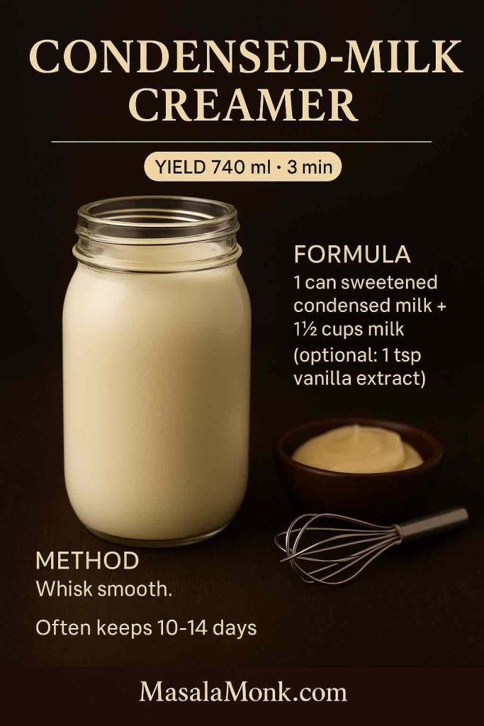 Condensed-milk coffee creamer in a glass jar on dark wood with whisk and bowl of sweetened condensed milk; ultra-silky DIY creamer.