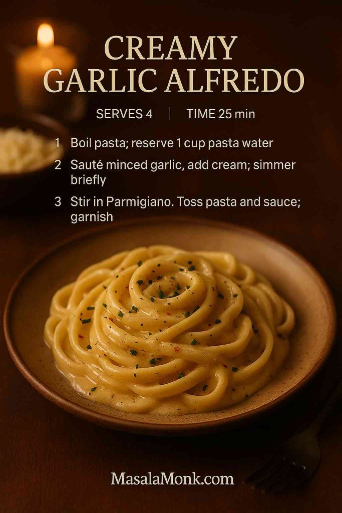 Creamy garlic Alfredo in moody trattoria light—chives and a hint of chili on a warm stoneware plate.