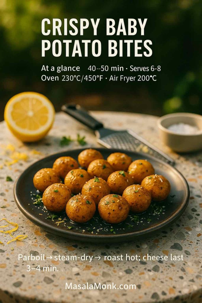 Golden baby potato bites on a dark plate with lemon zest and herbs; minimal recipe card overlay showing time and temps.