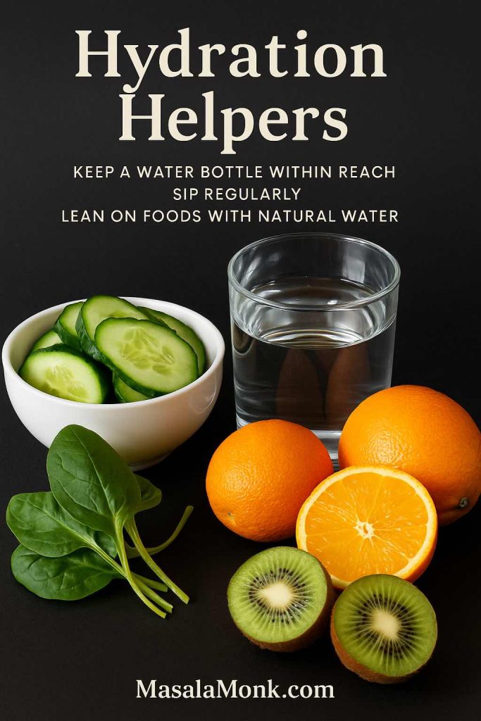 Water-rich foods—cucumber, oranges, kiwis—plus a glass of water to support a fiber diet for hemorrhoids.
