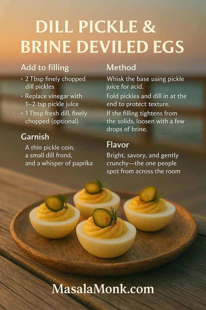 Dill Pickle & Brine deviled eggs on a wooden plate at sunset with pickle coin and dill garnish; portrait recipe card overlay showing add-ins, method, garnish, flavor, and MasalaMonk.com footer.