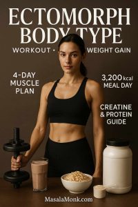 Fit woman with ectomorph body type holding a dumbbell beside protein shake and rice; magazine cover on workout, diet, weight gain.