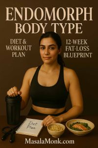 Endomorph body type cover: fit woman with shaker, diet plan notebook, quinoa and salmon; Diet & Workout Plan and 12-Week Fat-Loss Blueprint.