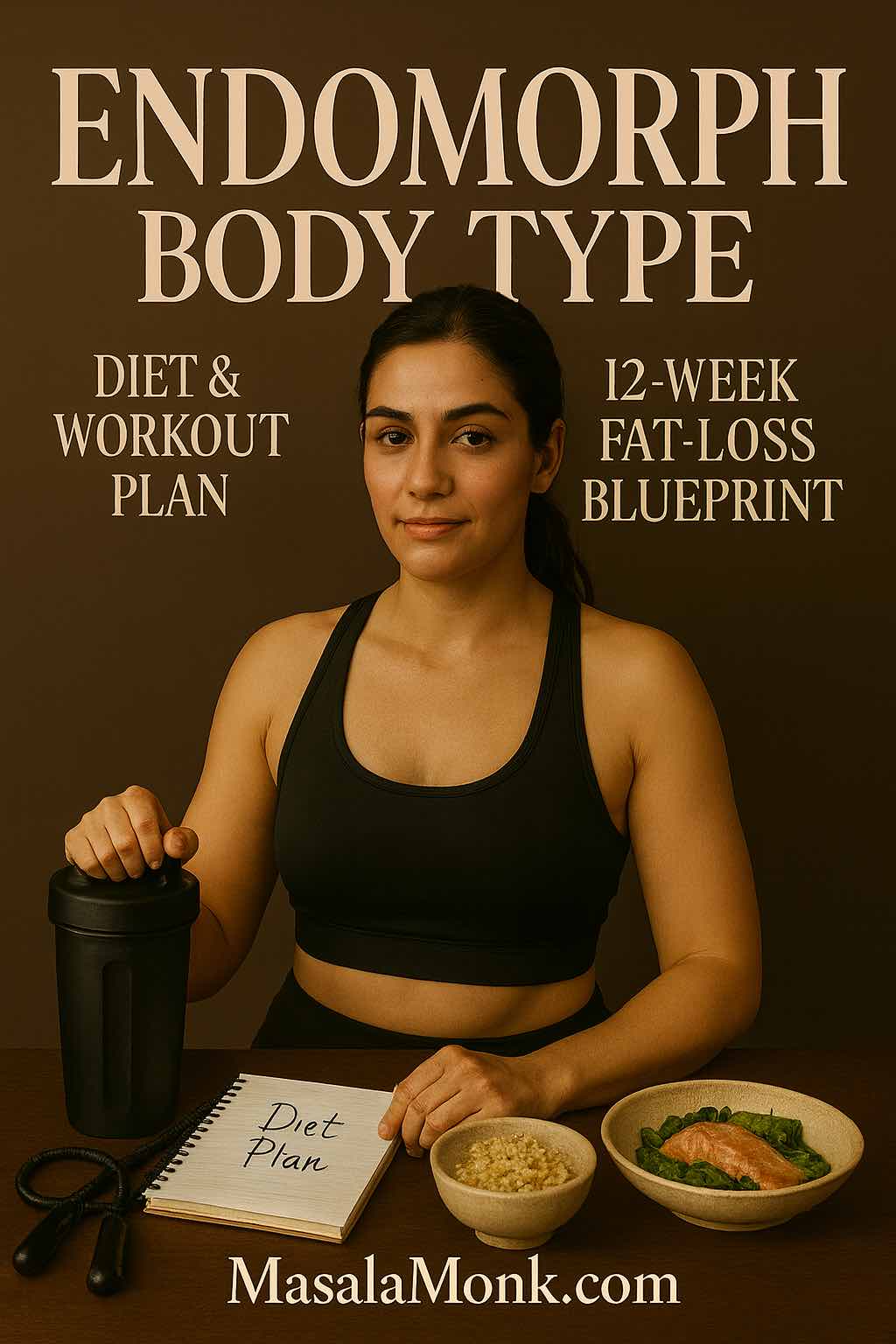 Endomorph body type cover: fit woman with shaker, diet plan notebook, quinoa and salmon; Diet & Workout Plan and 12-Week Fat-Loss Blueprint.