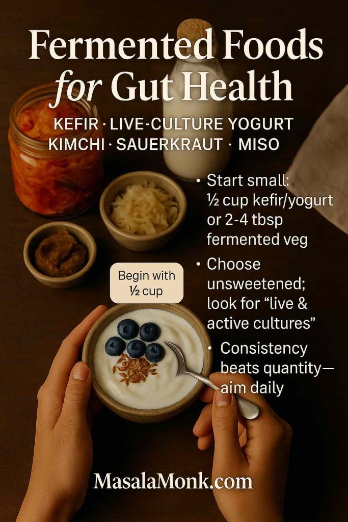 Hands holding live-culture yogurt beside kefir, kimchi, sauerkraut and miso—natural probiotics for gut health with starter portions.