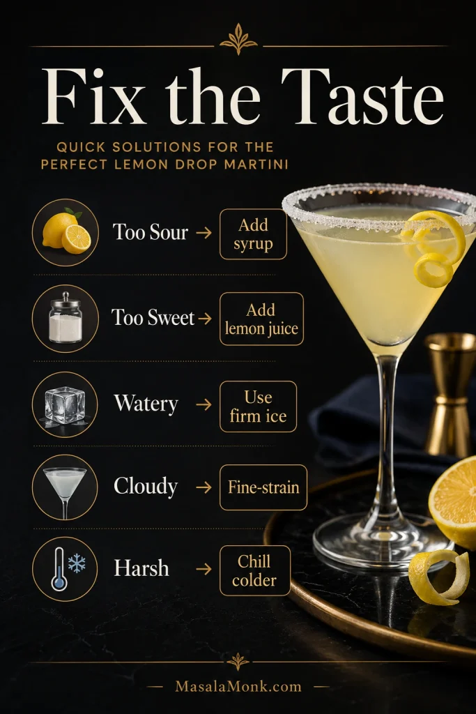 Lemon drop martini troubleshooting guide showing fixes for too sour, too sweet, watery, cloudy, and harsh drinks.
