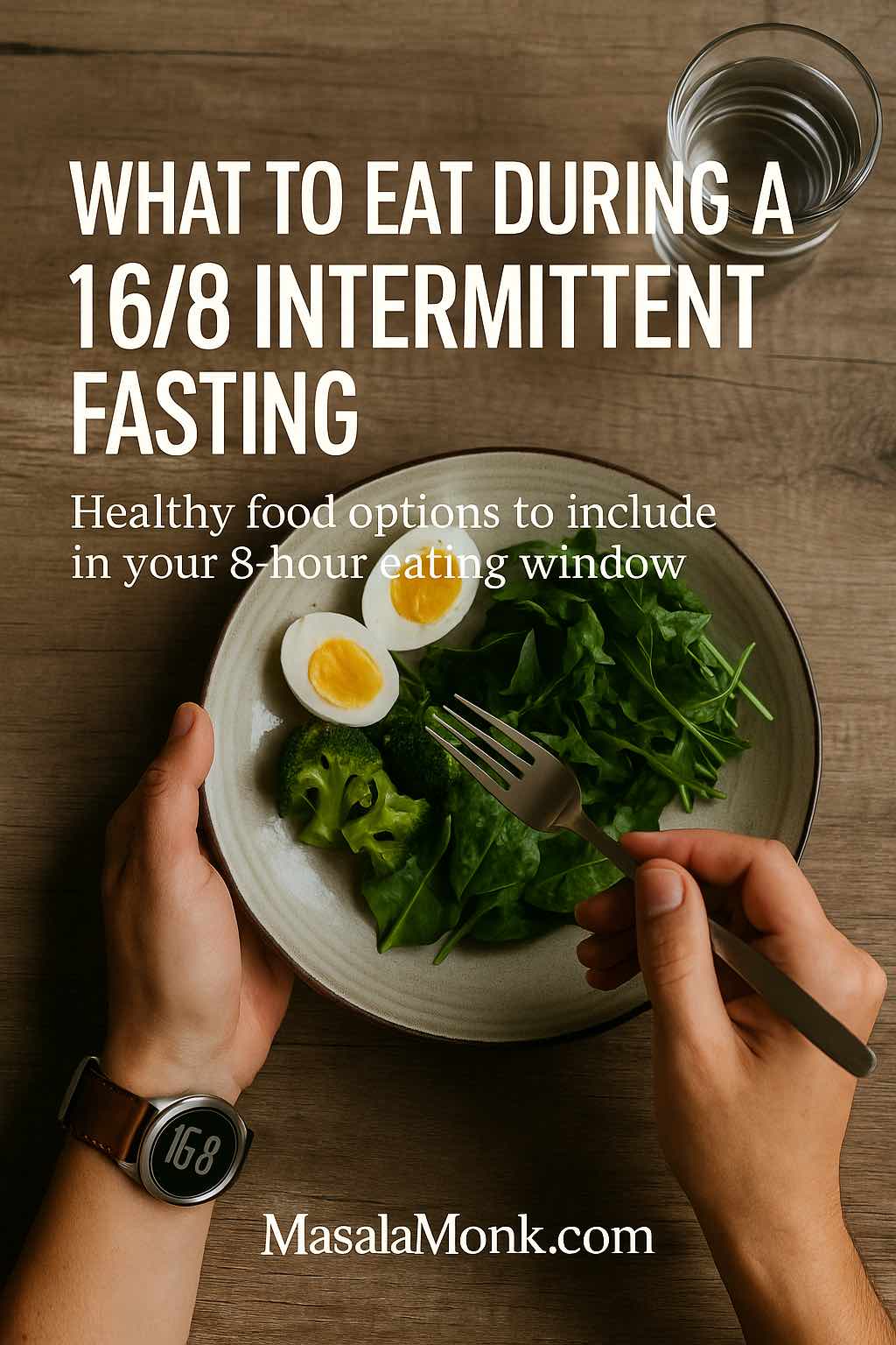 16/8 intermittent fasting first plate: boiled eggs, leafy greens and broccoli with water—simple foods to eat while fasting 16/8.