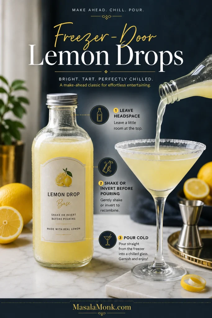 Frosted freezer-door lemon drop bottle with headspace, pouring pale cocktail into a sugar-rimmed martini glass with lemon garnish.