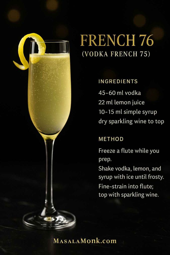 French 76—vodka French 75—in a chilled flute with a lemon twist and fine bubbles; ingredients and method shown on a black background; MasalaMonk cocktail graphic.