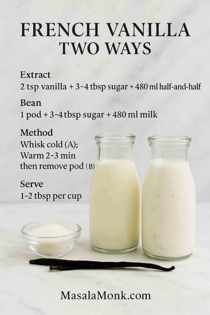 French vanilla coffee creamer two ways—smooth extract and vanilla-bean speckled versions in glass bottles on white marble.
