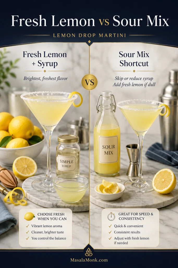 Side-by-side comparison of fresh lemon with simple syrup and a generic sour mix shortcut for making a lemon drop martini.