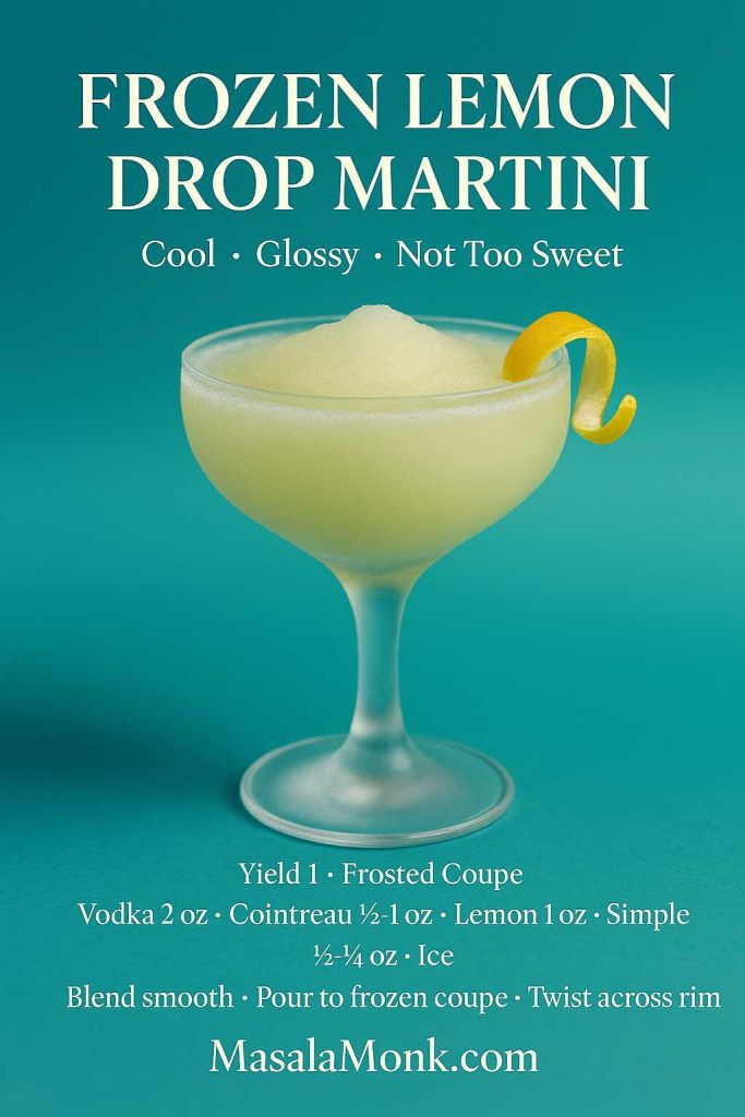 Frozen Lemon Drop Martini recipe card on teal background with slushy pale-gold drink in a frosted coupe and lemon twist; overlay lists vodka, Cointreau, lemon, simple syrup, and ice.