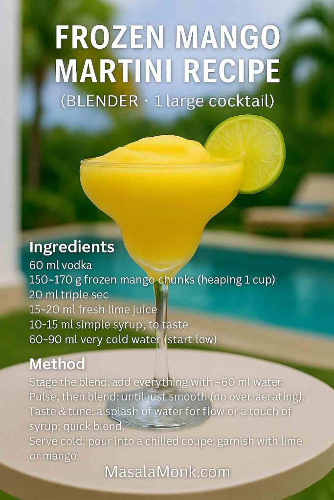 Frozen Mango Martini recipe card by a pool: slushy mango cocktail in a coupe with a lime wheel, ingredients and method overlaid, MasalaMonk.com footer.