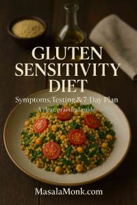 Portrait cover image for a gluten sensitivity diet: gluten-free millet salad on rustic table with text “Symptoms, Testing & 7-Day Plan” – MasalaMonk