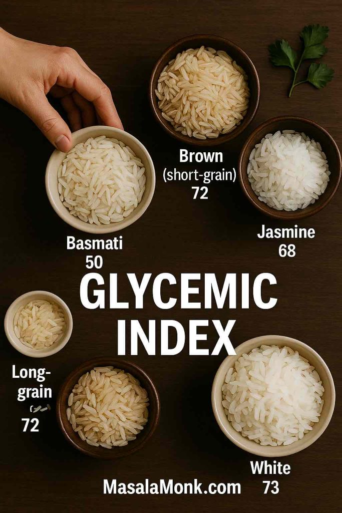 Five bowls of rice varieties labeled with approximate glycemic index values including basmati, jasmine, brown and white.
