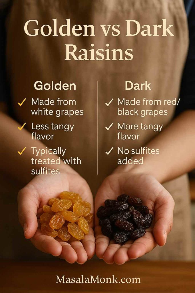 Golden vs dark raisins comparison: golden sultanas with sulfites and softer flavor; dark raisins tangier without sulfites.