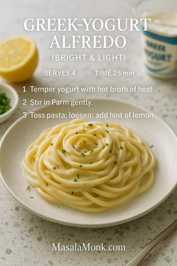 Greek-yogurt Alfredo on cool terrazzo—lemon and herbs in soft focus, bright daylight.