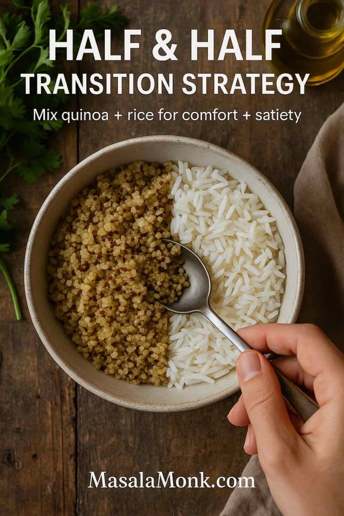 Top-down view of a bowl split 50–50 with cooked quinoa and white rice, showing an easy transition strategy.