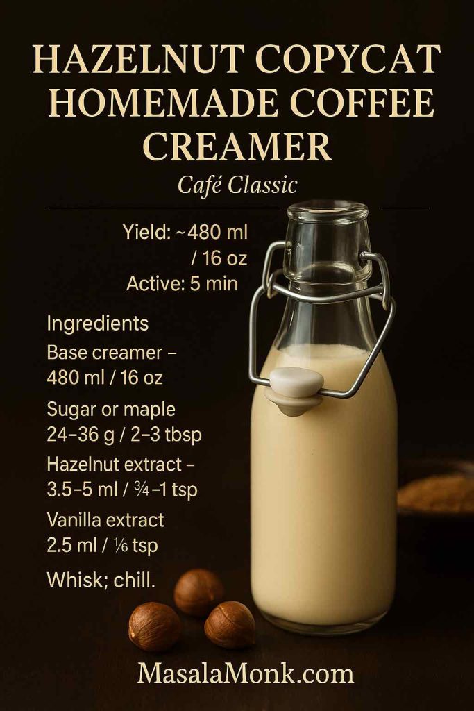 Hazelnut coffee creamer copycat in a swing-top bottle on dark wood with whole hazelnuts—DIY base creamer, sugar or maple, hazelnut extract, vanilla.