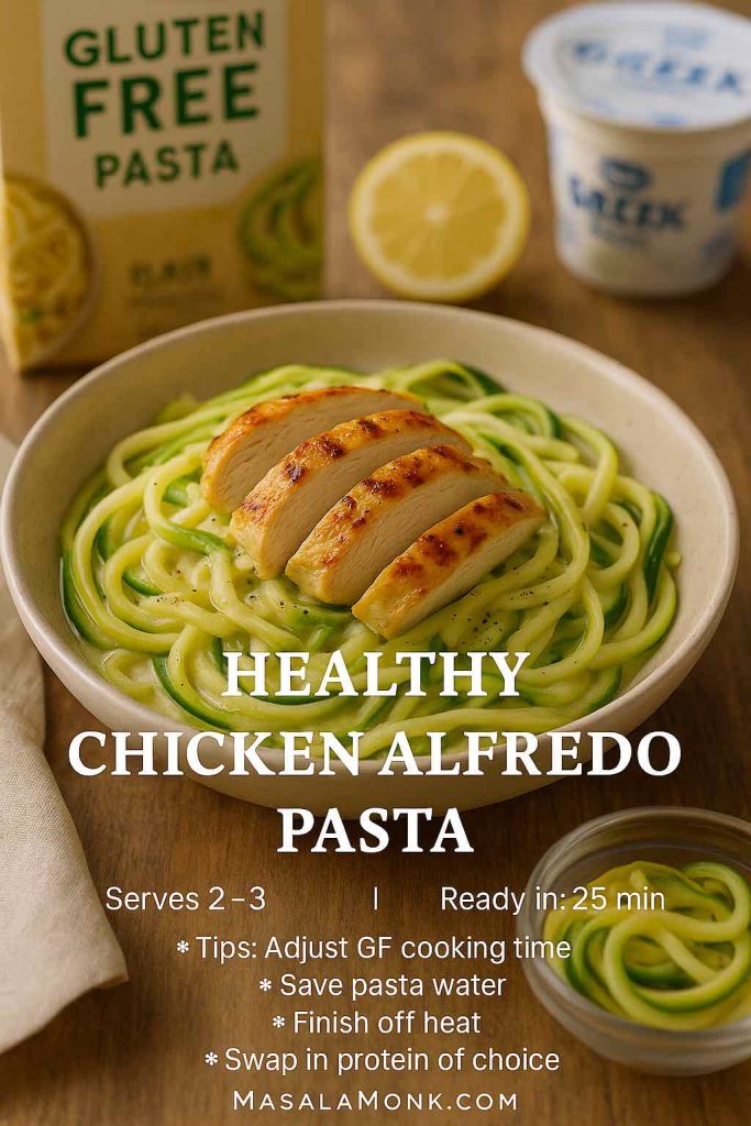 Healthy chicken alfredo pasta with zucchini noodles and sliced grilled chicken in a ceramic bowl; GF pasta box, lemon and Greek yogurt behind; recipe card overlay; MasalaMonk.com footer.
