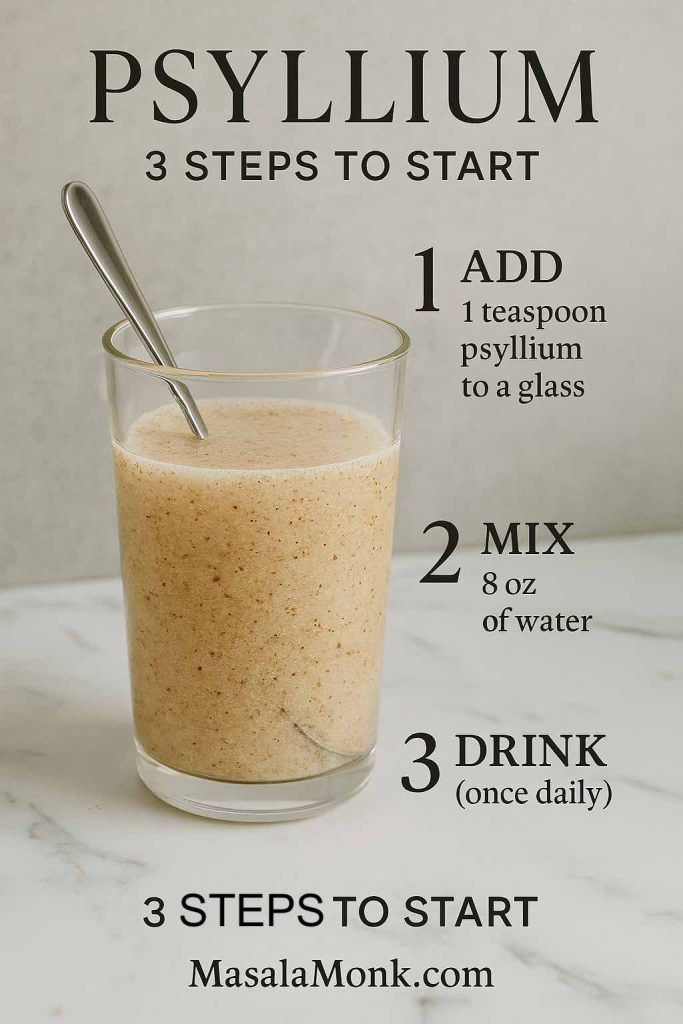Glass of psyllium mixed with water—hemorrhoids dietary supplement and fiber supplements for piles guide.