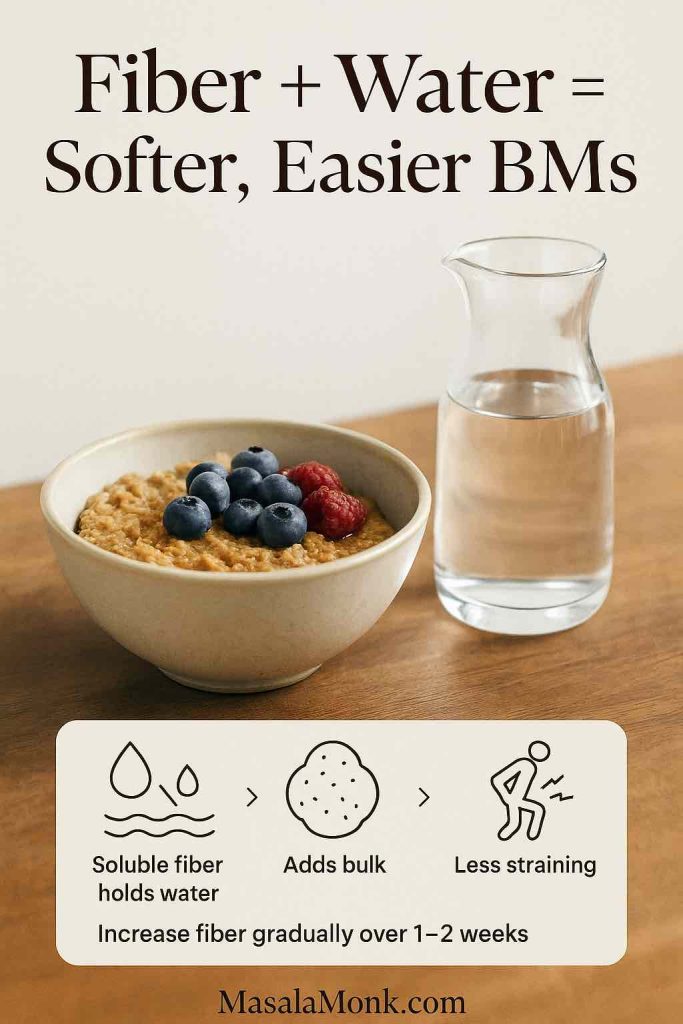 Explainer for a hemorrhoids high fiber diet showing how fiber and water soften stool and reduce straining.