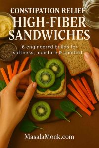High-fiber sandwich on whole-grain bread with hummus, spinach, kiwi and carrot sticks; chia seeds and a water glass suggest hydration for digestion.