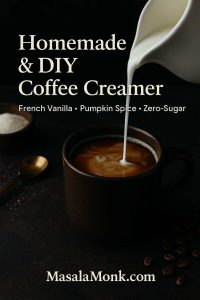 Homemade & DIY coffee creamer cover—cream pouring into hot coffee; French Vanilla, Pumpkin Spice, Zero-Sugar; MasalaMonk.com footer