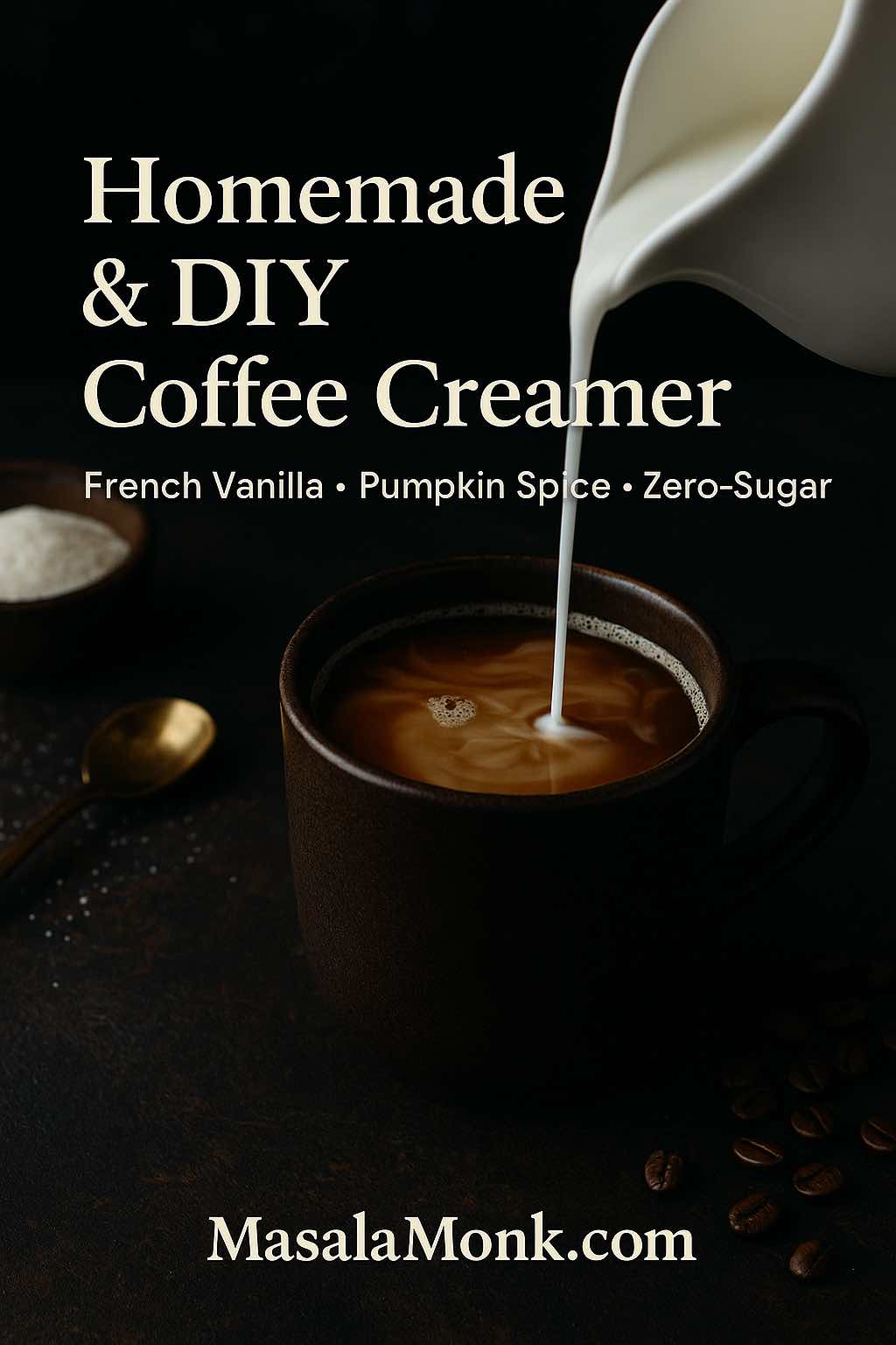 Homemade & DIY coffee creamer cover—cream pouring into hot coffee; French Vanilla, Pumpkin Spice, Zero-Sugar; MasalaMonk.com footer