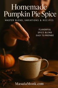 Hand sprinkling homemade pumpkin pie spice over a steaming latte with pumpkin and cinnamon on the table; warm autumn, portrait cover.