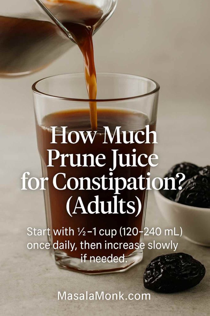 Prune juice being poured into a glass—how much prune juice for constipation in adults with dosing guidance.