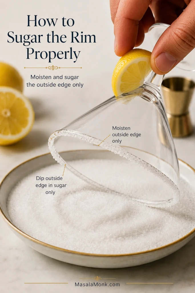 Close-up of a lemon drop martini glass being moistened and sugared only on the outside edge with superfine sugar.