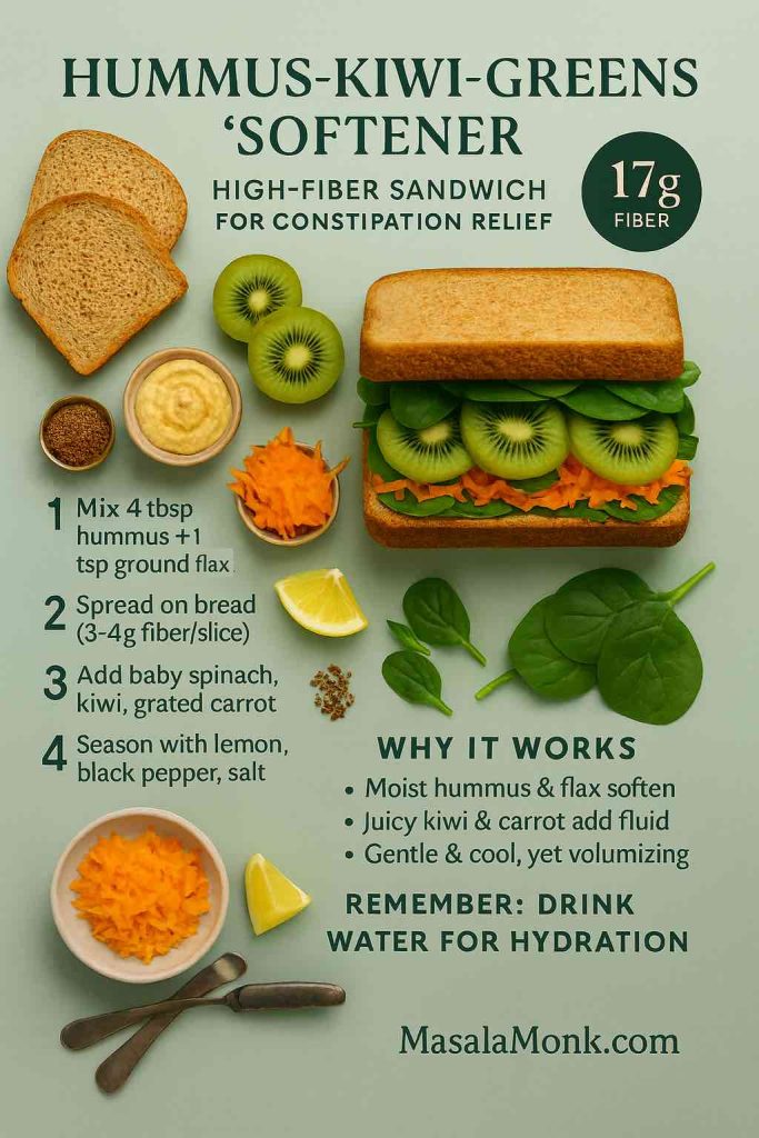 Infographic of a high-fiber hummus–kiwi–spinach sandwich for constipation relief, with step-by-step method, 17g fiber badge, hydration reminder, and MasalaMonk.com footer.