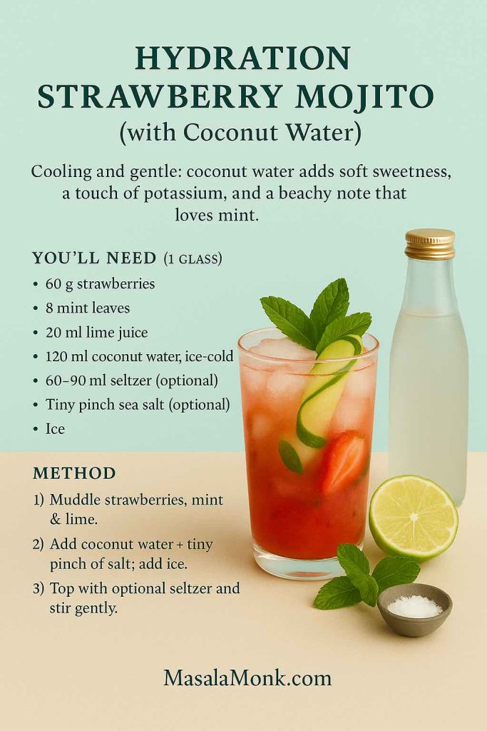 Hydration strawberry mojito mocktail recipe card with coconut water—mint, lime, salt pinch and bottle props on sea-glass and sand backdrop – MasalaMonk