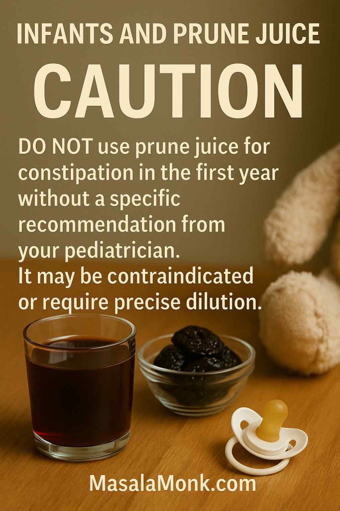 Prune juice and prunes on table with pacifier, highlighting caution about prune juice for infant constipation in the first year.