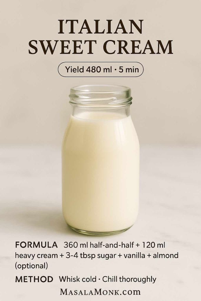 Italian sweet cream coffee creamer in a glass bottle on light marble; rich half-and-half and heavy cream blend with vanilla and a hint of almond.