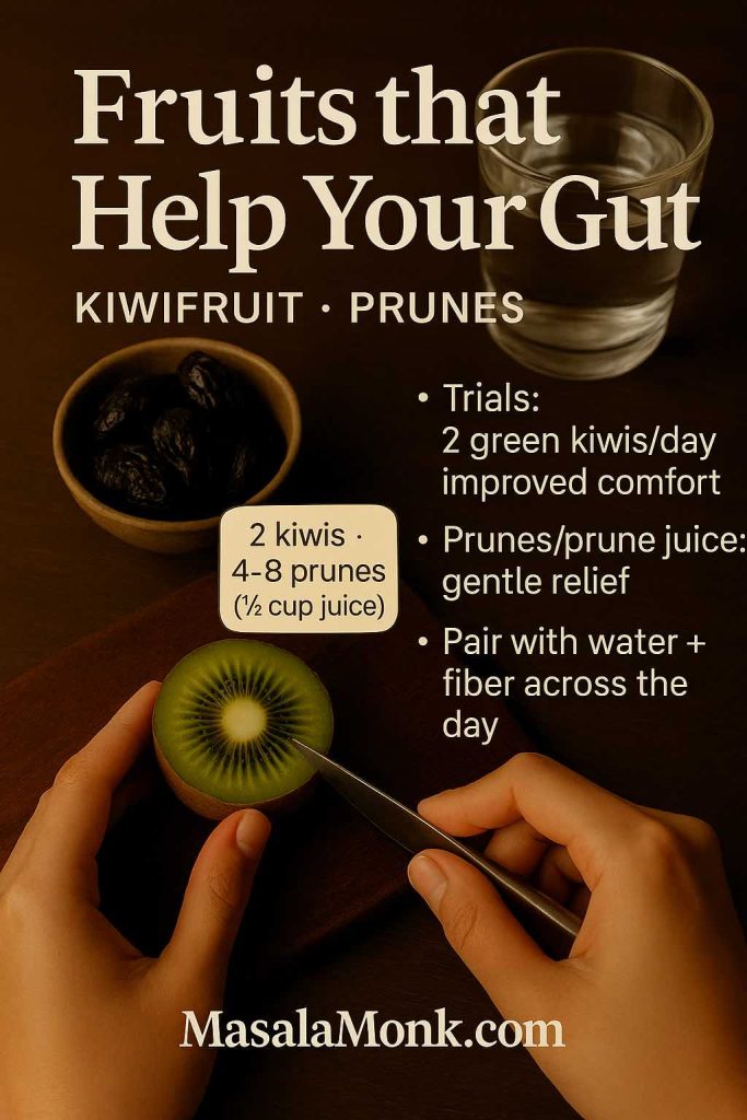 Sliced green kiwifruit with a bowl of prunes and water—fruit choices for gut health and gentle constipation relief.