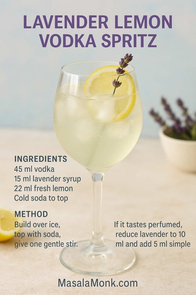 Lavender Lemon Vodka Spritz in a stemmed wine glass with lemon wheel and lavender bud; ingredient and method text; MasalaMonk graphic.