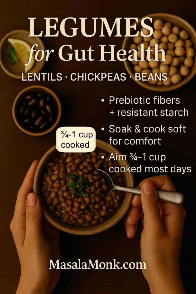 Hands holding a bowl of soft cooked lentils with bowls of chickpeas and beans—prebiotic legumes for gut health and regularity.