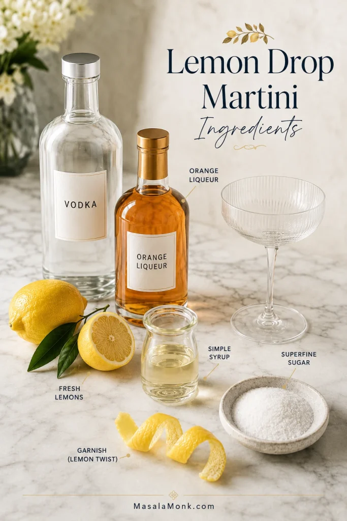 Lemon drop martini ingredients on a marble surface, including vodka, orange liqueur, fresh lemons, simple syrup, superfine sugar, lemon twist, and glassware.