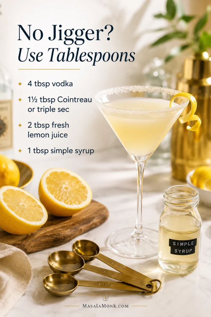 Tablespoon measurement guide for a lemon drop martini with measuring spoons, lemons, simple syrup, and a finished cocktail.